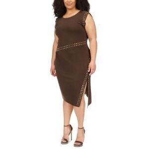 NWT MICHAEL Michael Kors chocolate color Astor studded side slit midi dress  Siz